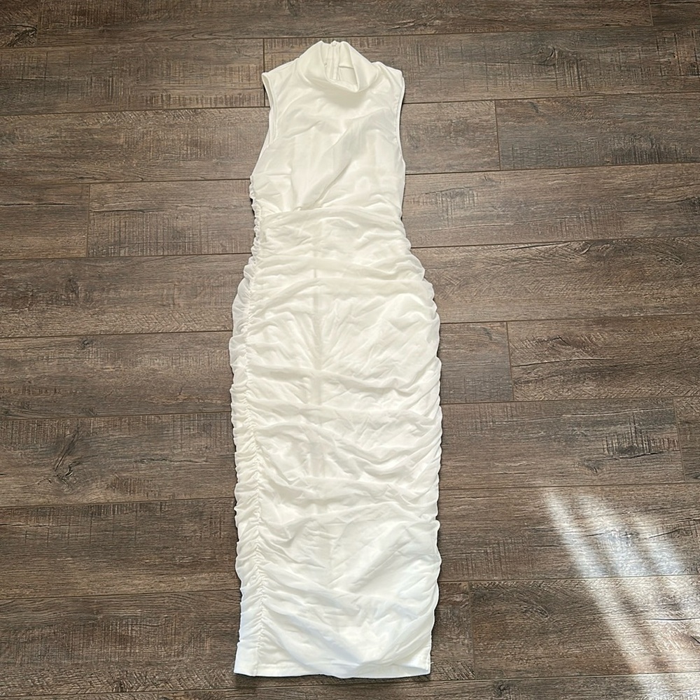 WHITE HIGH NECK MIDI DRESS